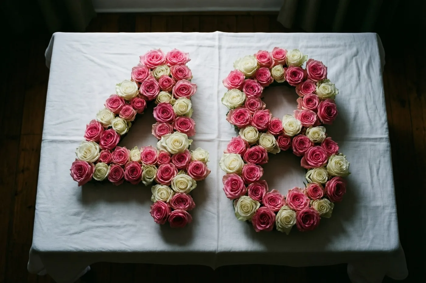 Van bovenaf is het getal 48 van roze en witte rozen op een wit tafelkleed te zien, met een houten vloer eromheen en zacht daglicht.