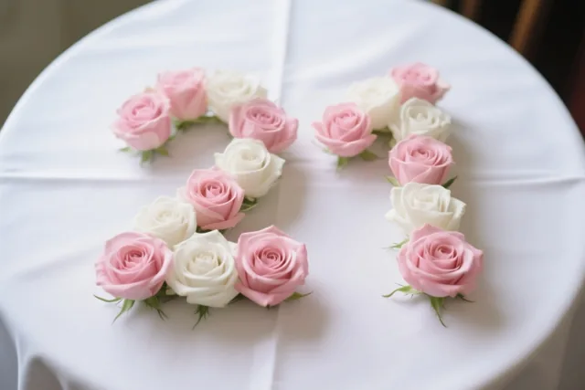 Van bovenaf is het getal 21 te zien, gelegd met roze en witte rozen op een wit tafelkleed in zacht licht.
