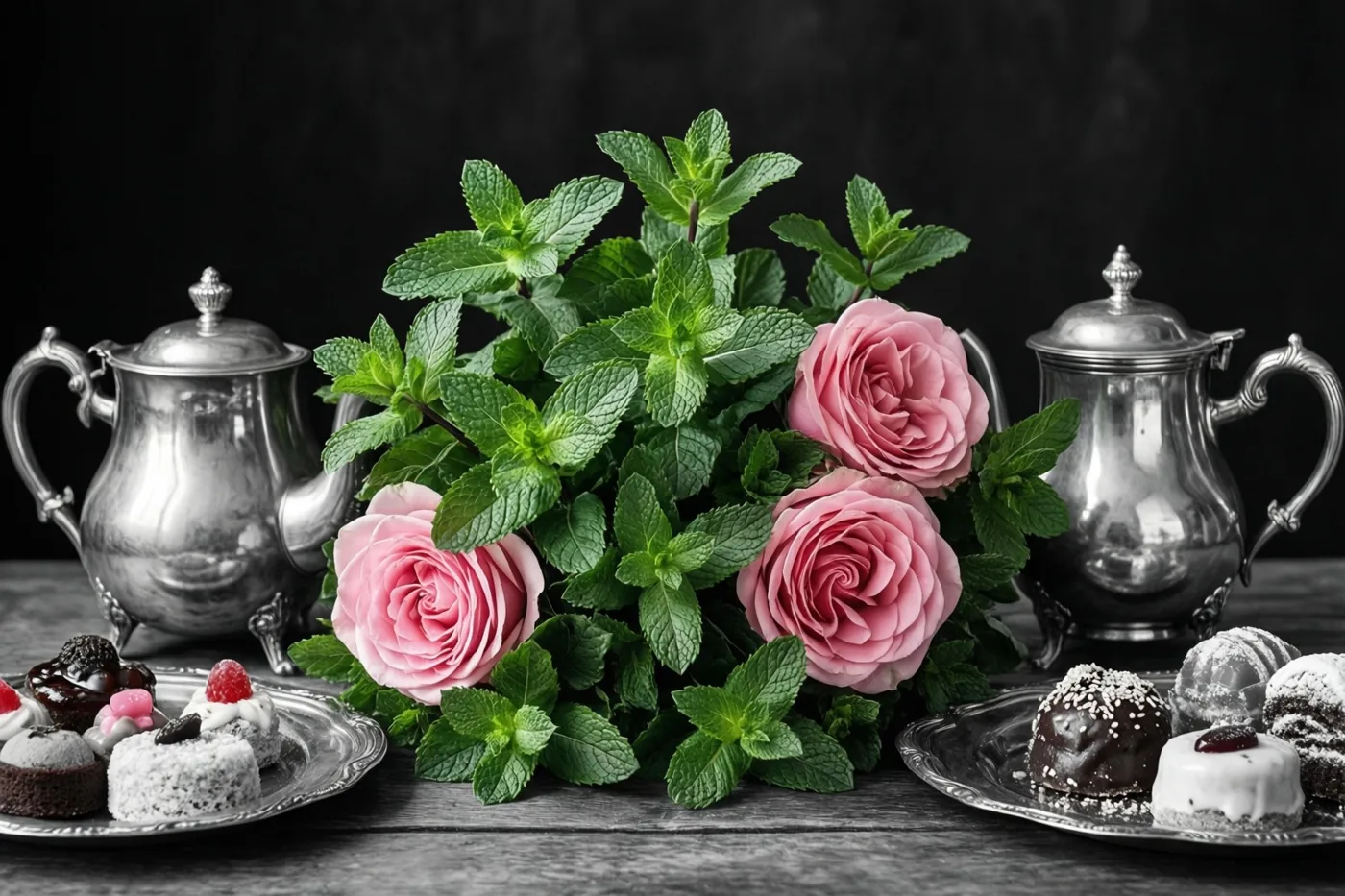 Roze rozen en groene muntblaadjes staan tussen twee zilveren theepotten met aan weerszijden schalen zoetigheden op donker hout, waarbij alleen de bloemen en munt in kleur zijn weergegeven.