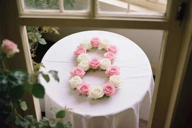 Van bovenaf gezien vormen roze en witte rozen een 8 op een wit tafelkleed bij een raam met groen, in zacht licht.