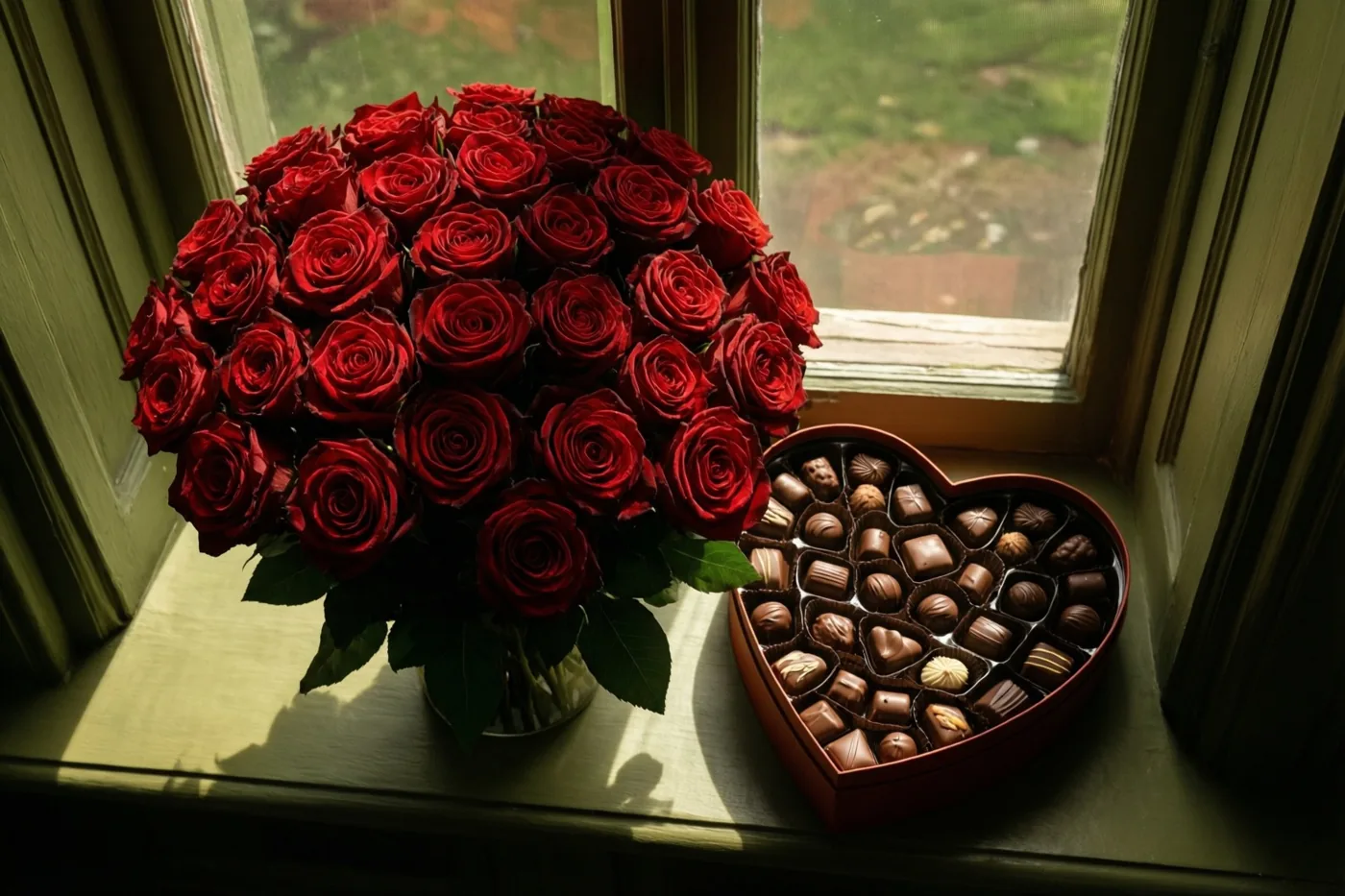 Een groot boeket rode rozen en een hartvormige doos met verschillende pralines staan naast elkaar op een zonnige vensterbank.