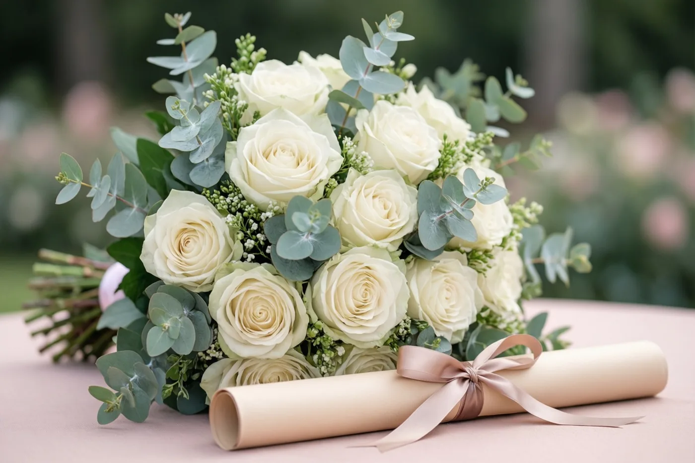Een boeket witte rozen en eucalyptus ligt rond een opgerold diploma met een satijnen lint op een zacht verlichte tafel, met wazig groen op de achtergrond.