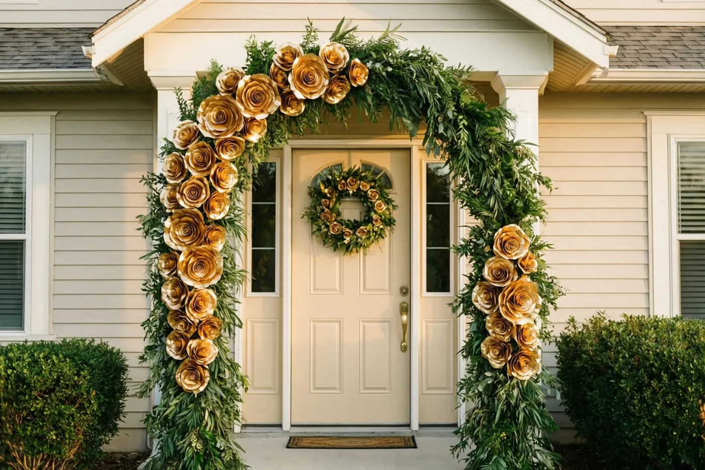 Een voordeur is versierd met een grote boog van groen en gouden papieren rozen, naast beige gevelbekleding en groene struiken.