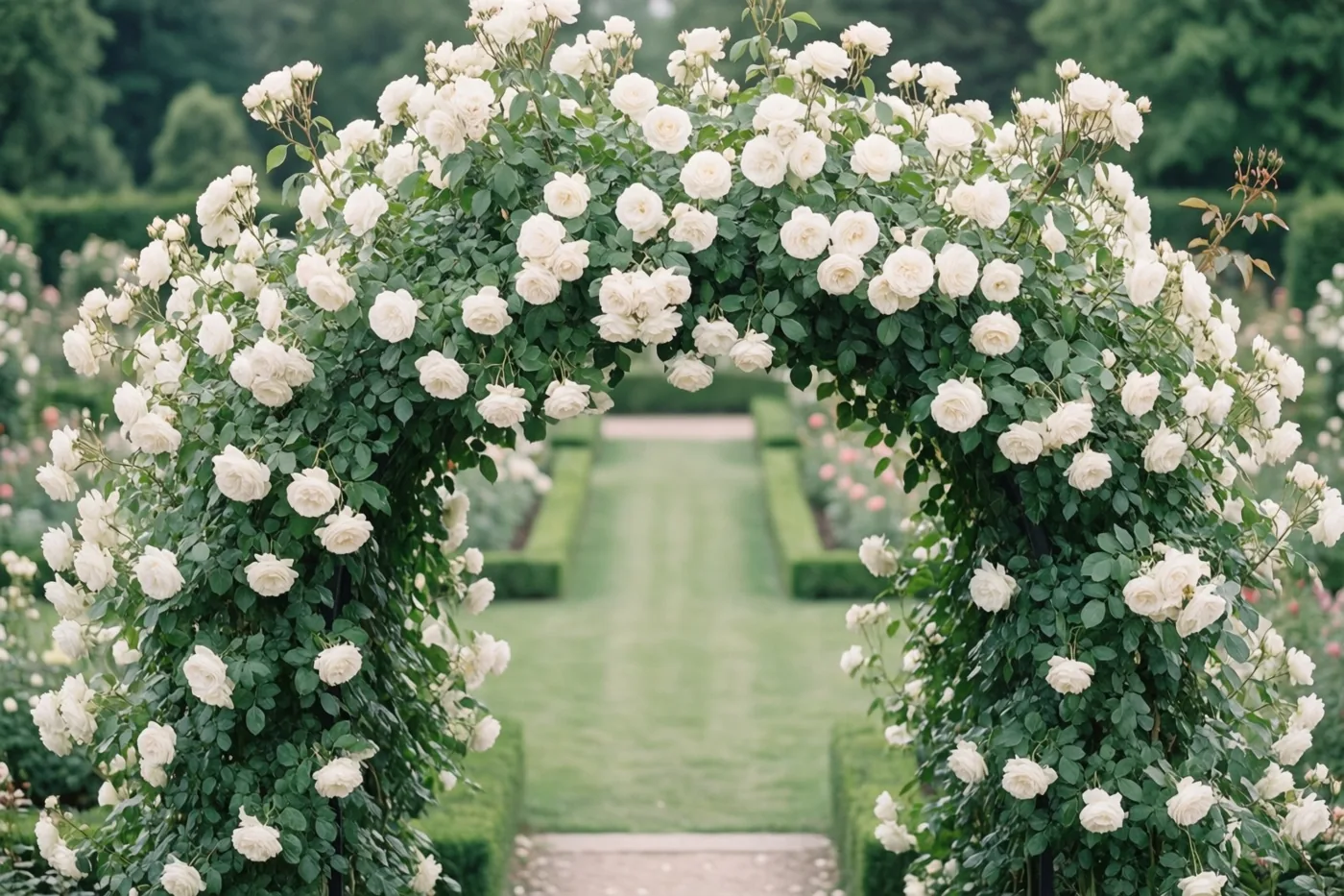 Een tuinboog vol witte rozen en groen blad omlijst een verzorgd graspad in een formele tuin in zacht daglicht.
