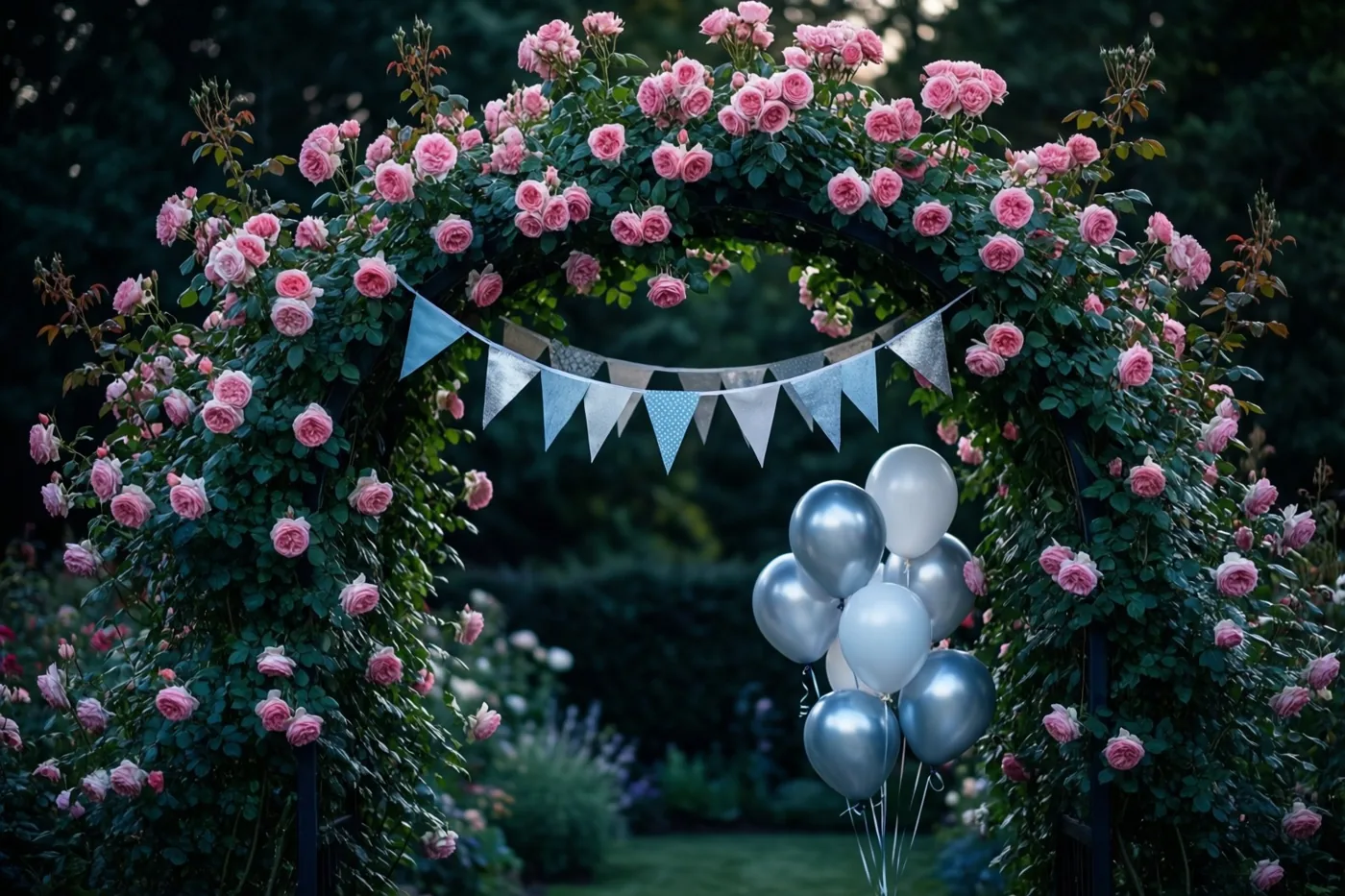 Een tuinboog vol roze klimrozen is versierd met driehoekige papieren vlaggetjes, met zilverkleurige en witte ballonnen ernaast tegen een donkergroene tuinachtergrond.