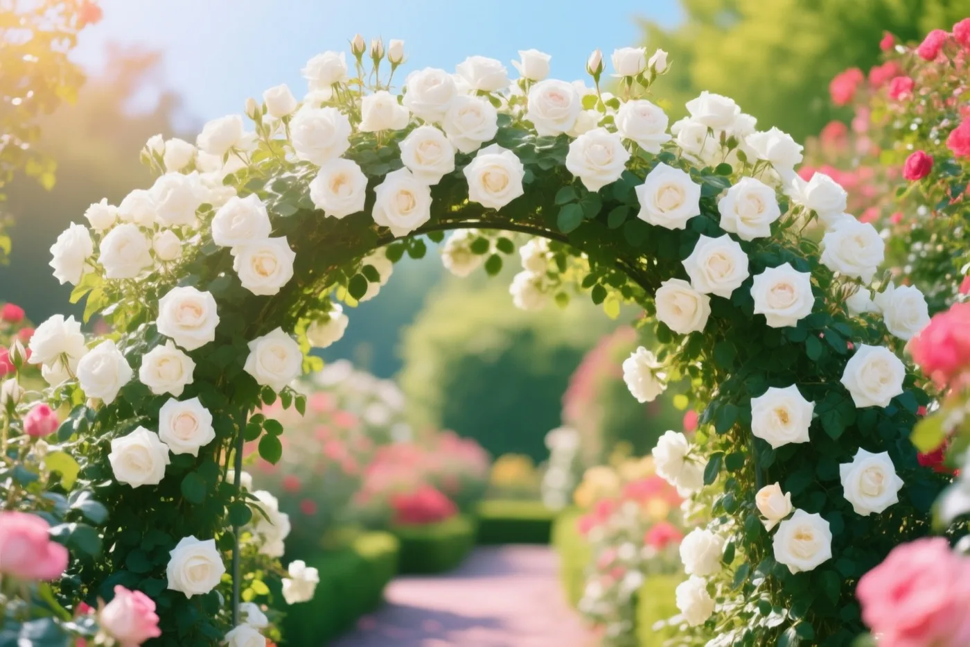 Een tuinboog met witte rozen en groen blad staat op een zonnig tuinpad, met zachtroze accenten in de omgeving.