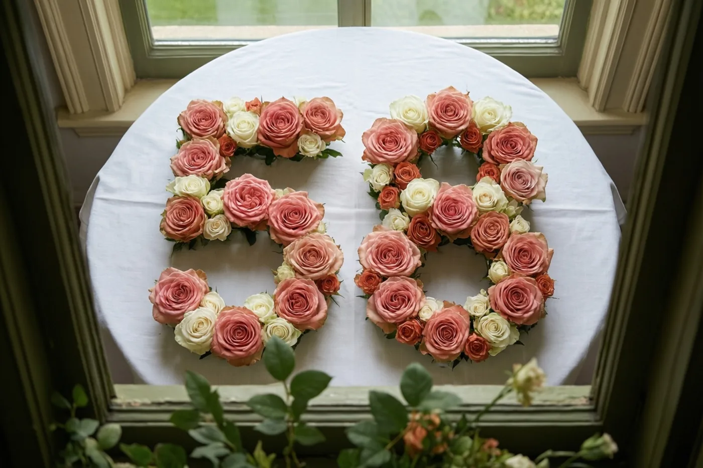 Roze en witte rozen vormen 58 op een wit tafelkleed bij een raam met groene omlijsting, gezien van bovenaf.