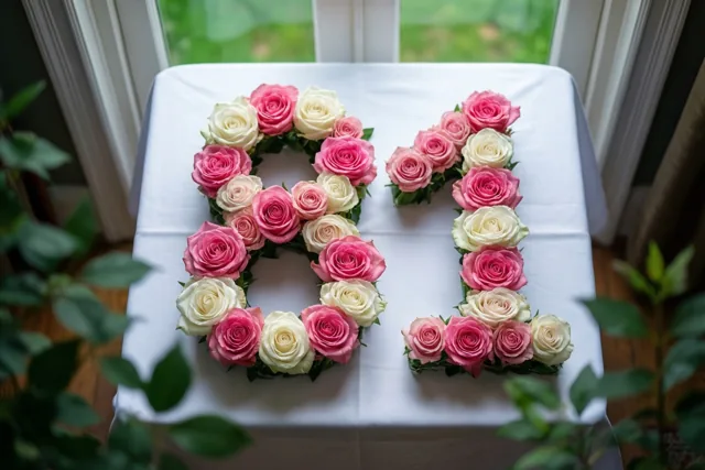 Roze en witte rozen vormen het getal 81 op een wit tafelkleed bij een raam, van bovenaf gezien met groen op de voorgrond en achtergrond.