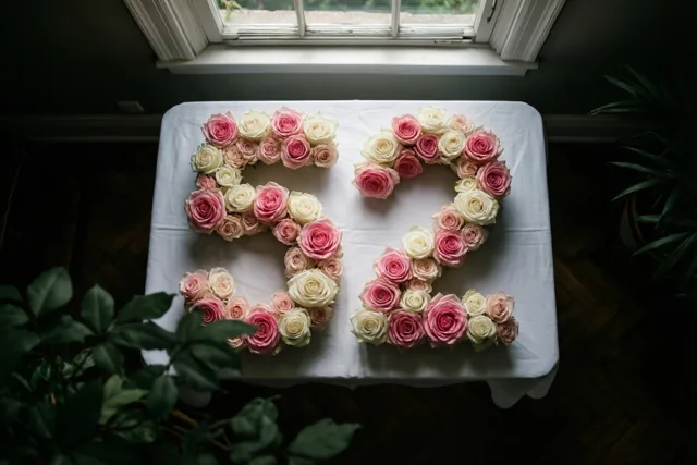 Roze en witte rozen vormen 52 op een wit tafelkleed bij een raam met natuurlijk licht, van bovenaf gezien.