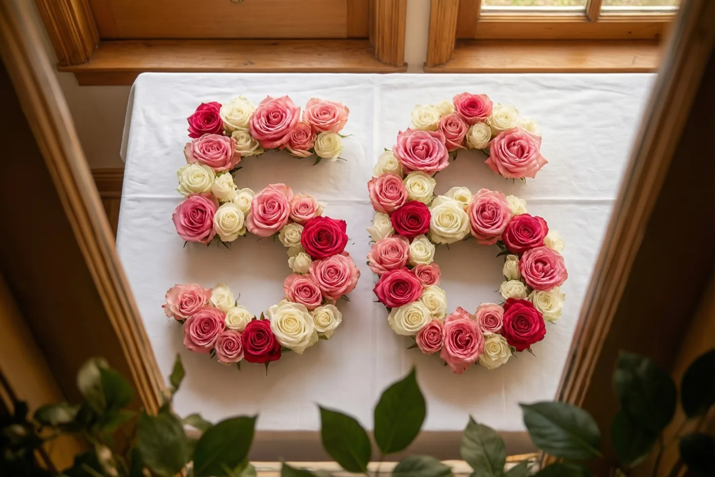 Van bovenaf is 56 van roze en witte rozen op een wit tafelkleed te zien, omlijst door een houten raamkozijn en groen onderaan.