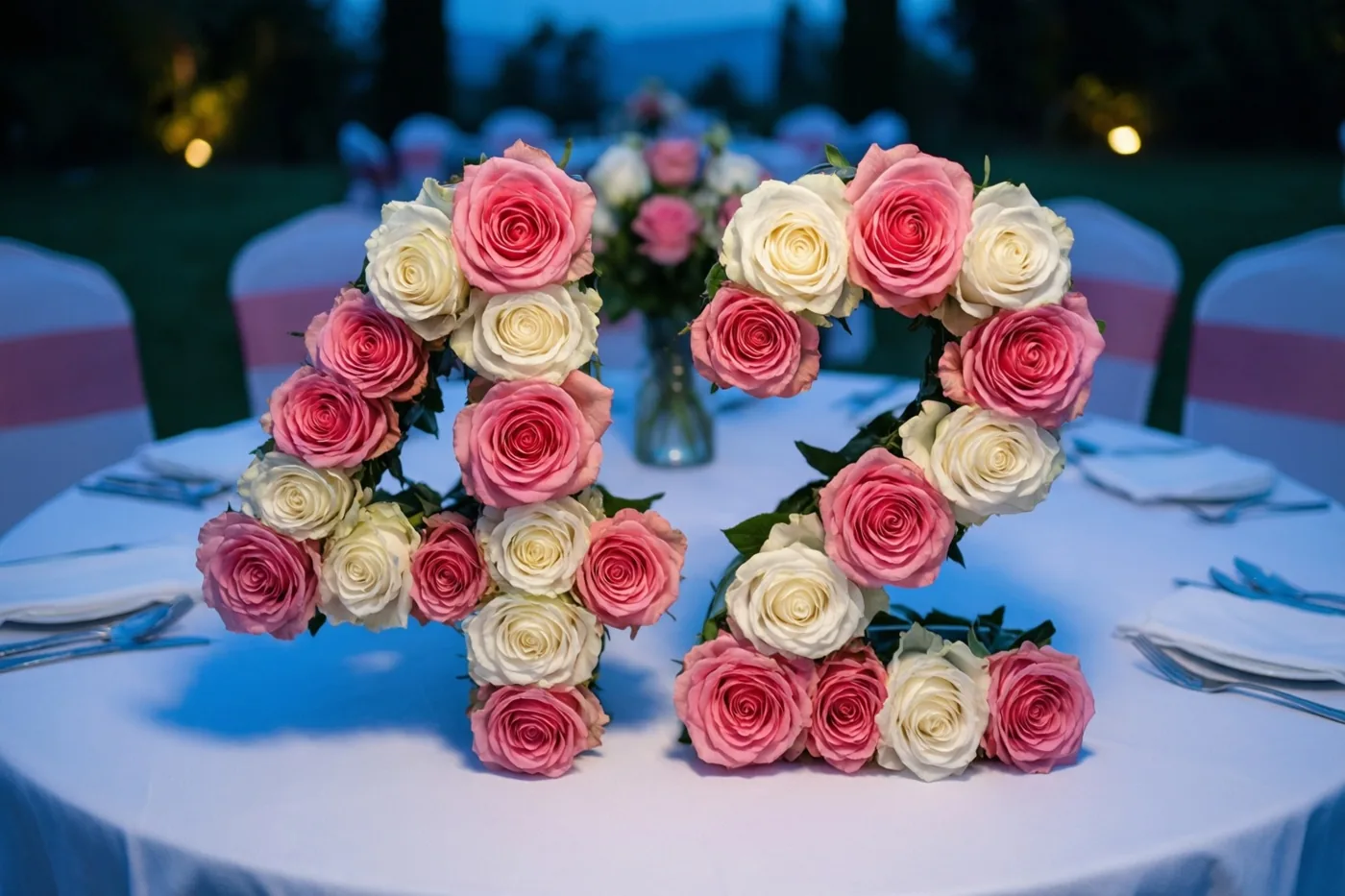 Roze en witte rozen vormen 42 op een wit tafelkleed buiten in de avond, met zacht verlichte stoelen erachter en blauw omgevingslicht.