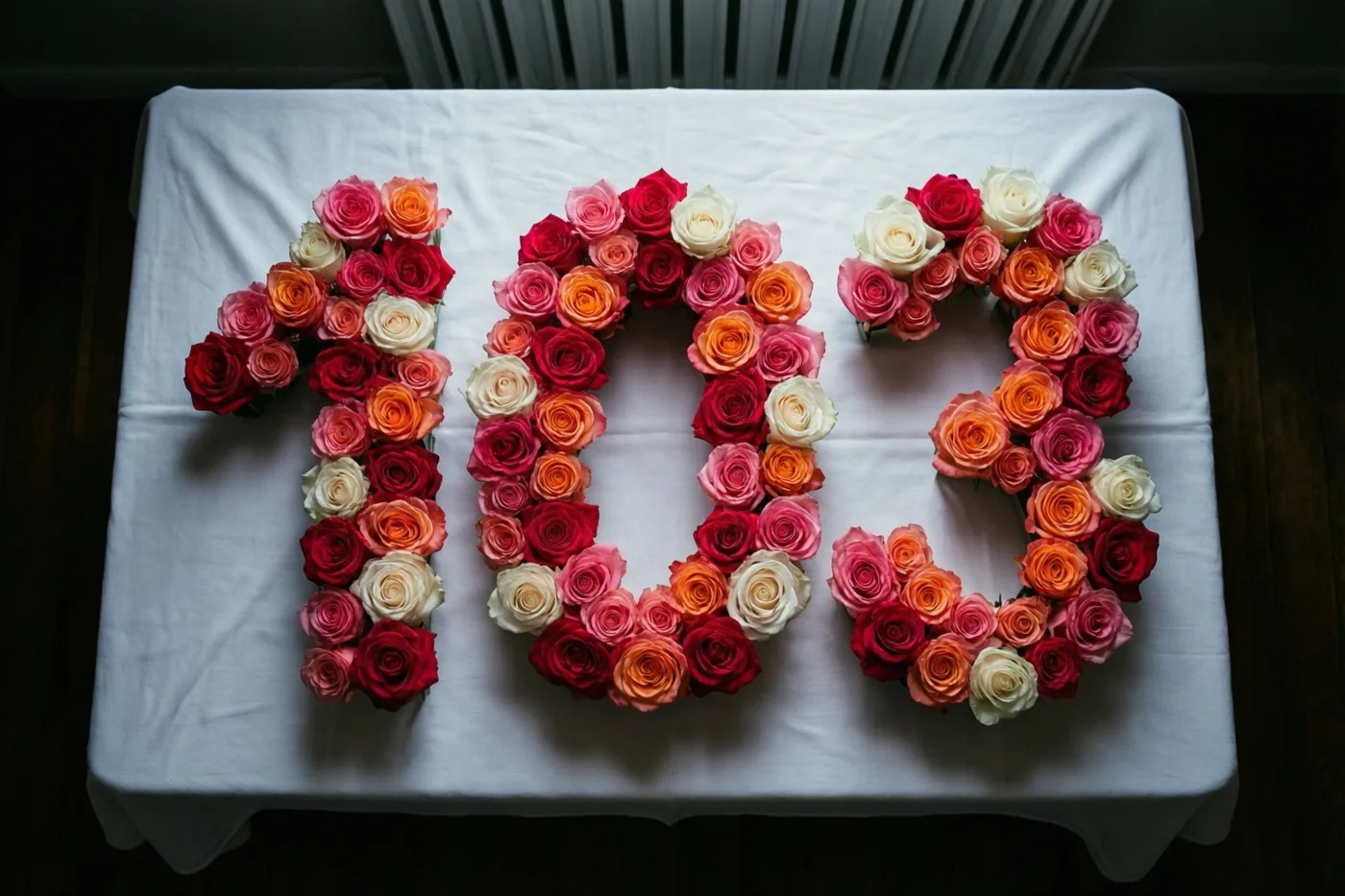 Een bovenaanzicht toont 103 van roze en witte rozen op een wit tafelkleed in een zacht verlichte binnenruimte.