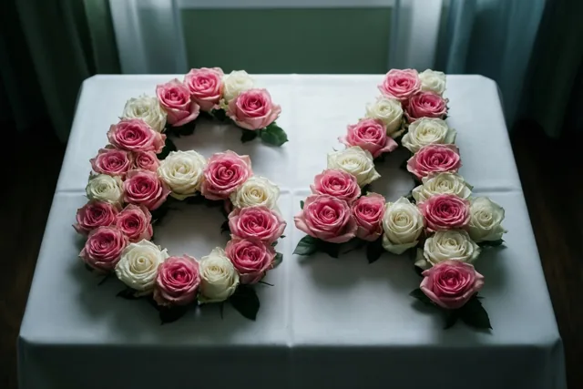 Roze en witte rozen vormen het getal 64 op een wit tafellaken, van bovenaf gefotografeerd in zacht licht tegen een gedempte achtergrond.