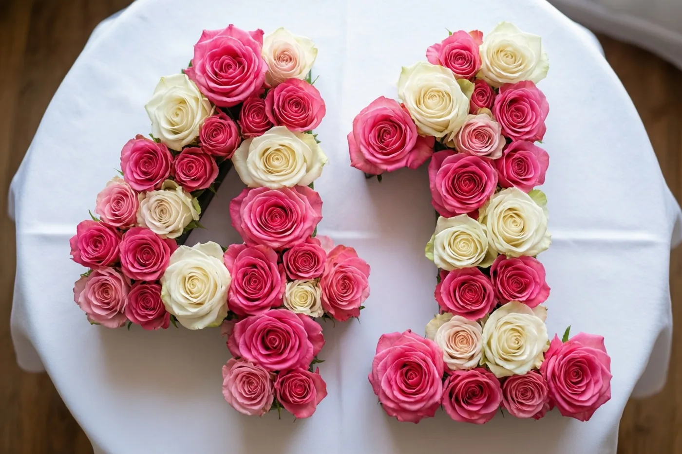 Roze en witte rozen vormen 41 op een wit tafelkleed, recht van boven gezien in zacht licht.