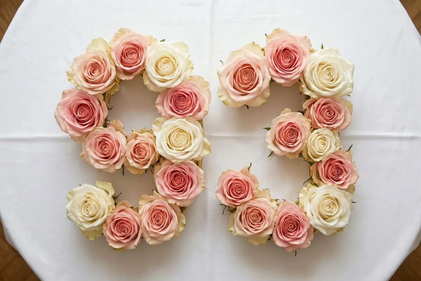 Roze en witte rozen vormen 93 op een wit tafelkleed, van bovenaf gezien in zachte pasteltinten.