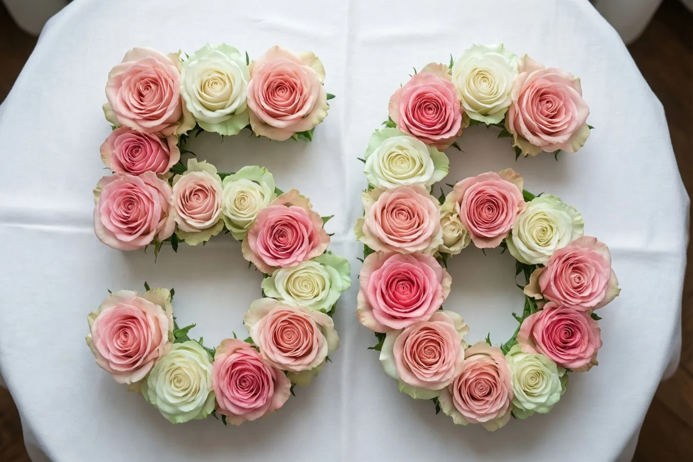 Roze en roomwitte rozen vormen 56 op een wit tafelkleed, recht van bovenaf gefotografeerd.