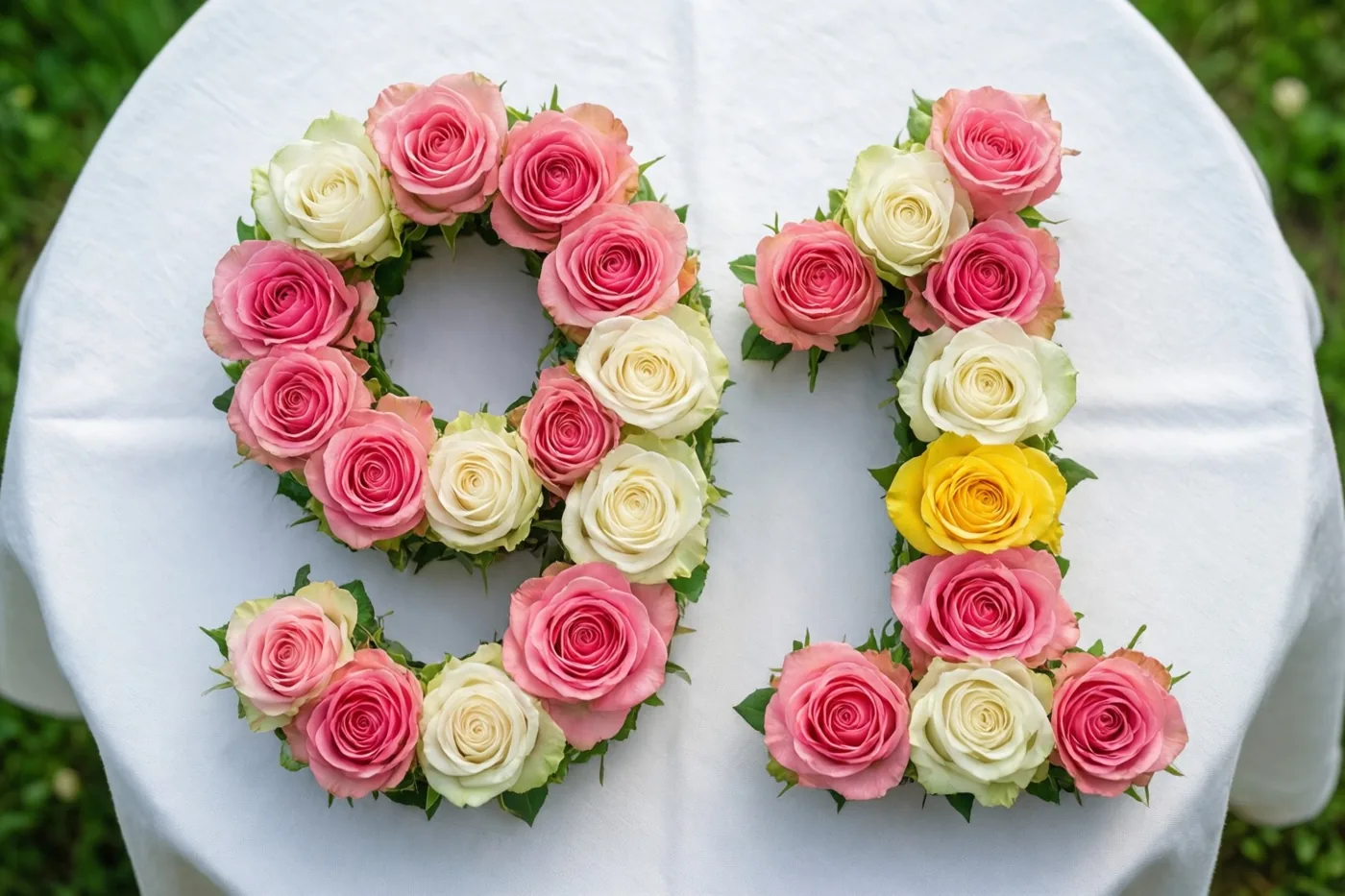 Roze en witte rozen vormen 91 op een wit tafelkleed buiten, van bovenaf gezien met groen gras op de achtergrond.