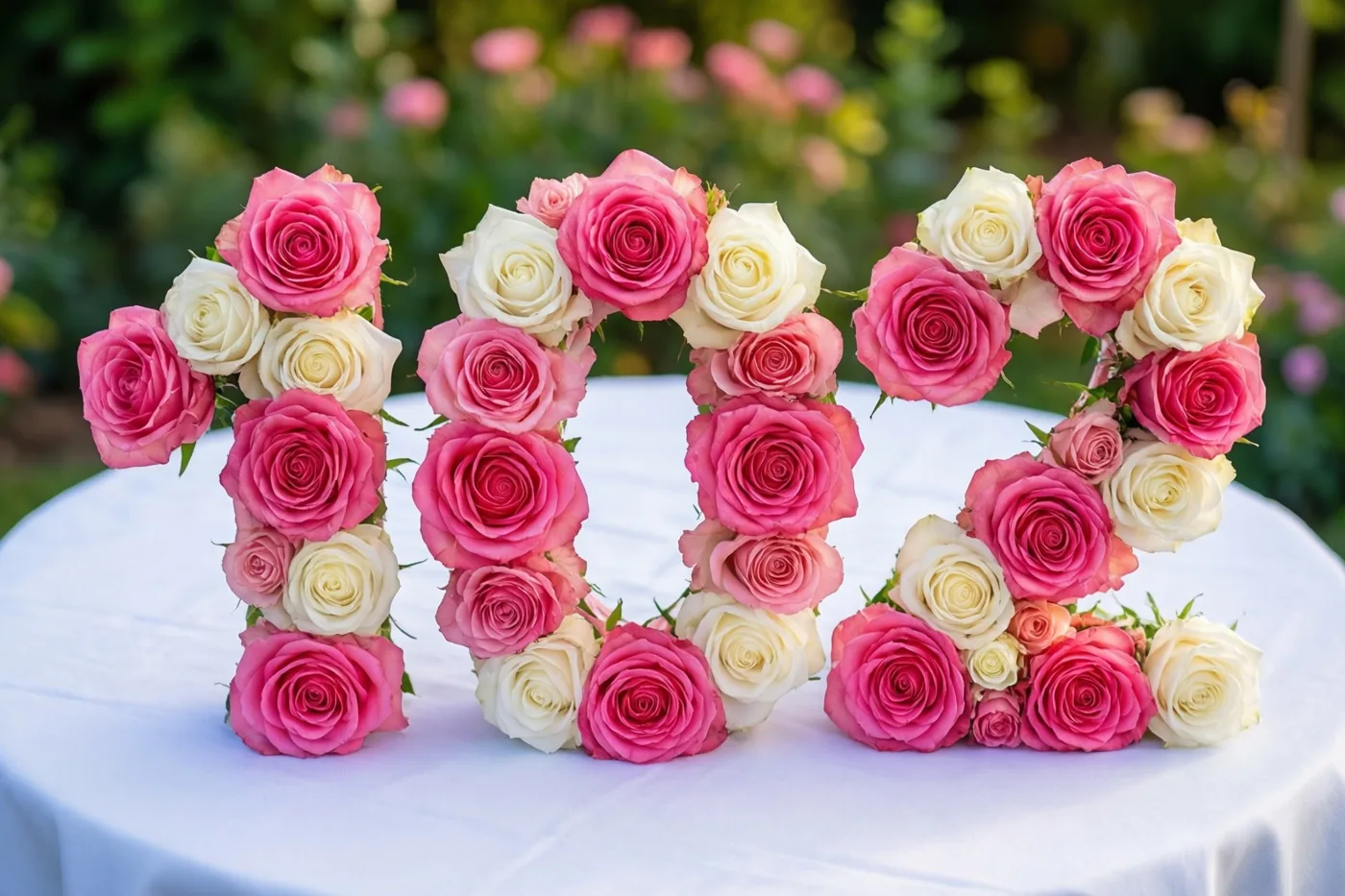 Roze en witte rozen vormen 102 op een wit tafelkleed buiten, met een onscherpe groene tuin op de achtergrond.