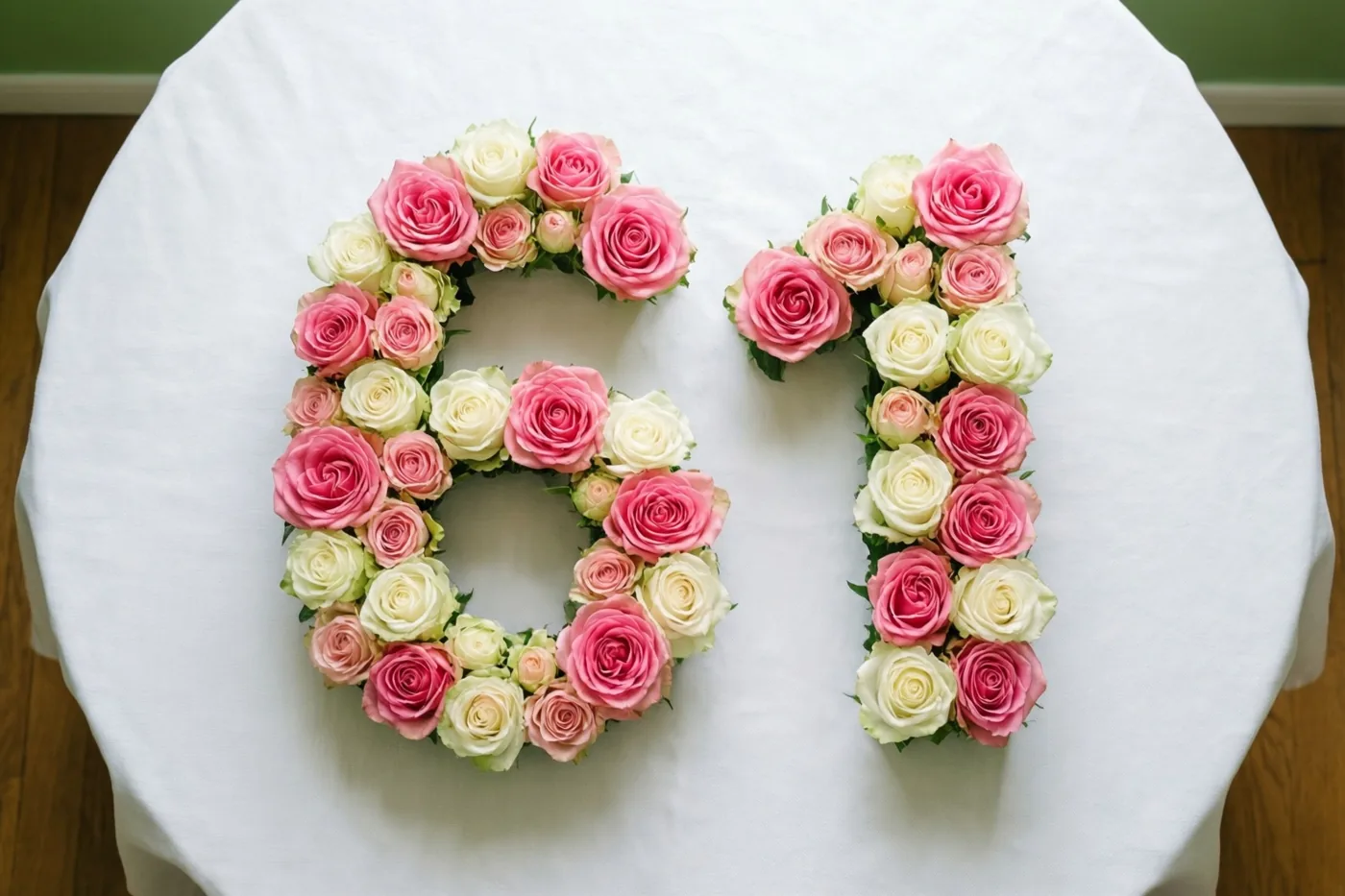 Van bovenaf is 61 van roze en witte rozen te zien op een wit tafelkleed, met een houten vloer rond de tafel.