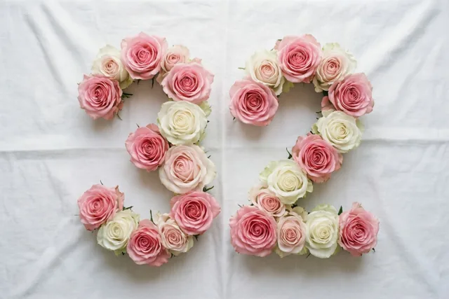 Roze en witte rozen vormen 32 op een wit tafellaken, recht van boven gefotografeerd.