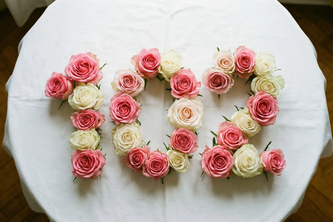 Van bovenaf zie je roze en witte rozen die 102 vormen op een wit tafelkleed, met een houten vloer rond de tafel.