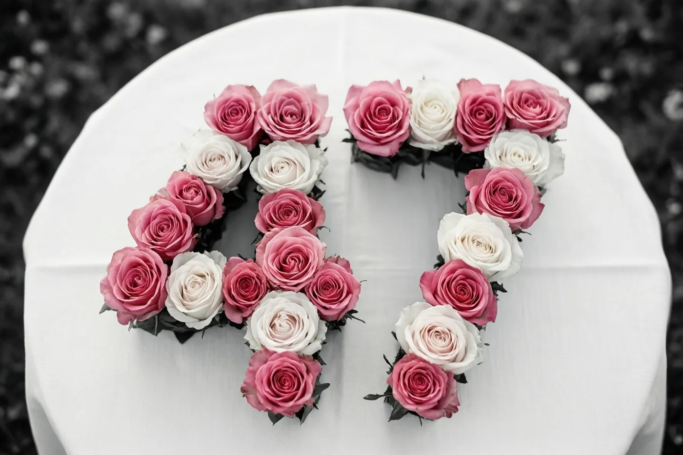 Roze en witte rozen vormen buiten het getal 47 op een wit tafelkleed, recht van boven gezien met een onscherpe achtergrond.