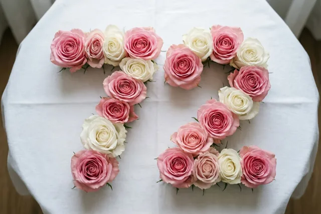 Roze en witte rozen liggen in de vorm van 72 op een wit tafelkleed, van bovenaf gefotografeerd.