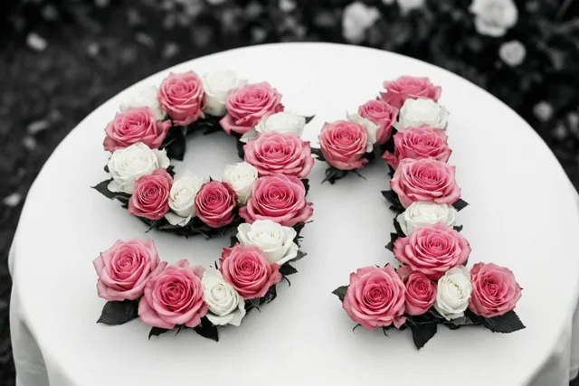 Roze en witte rozen vormen 91 op een wit tafelkleed buiten, van bovenaf gezien tegen een onscherpe zwart-witte achtergrond.