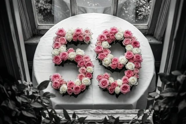 Van bovenaf is 59 van roze en witte rozen te zien op een wit tafelkleed bij een raam, tegen een zwart-witte achtergrond.