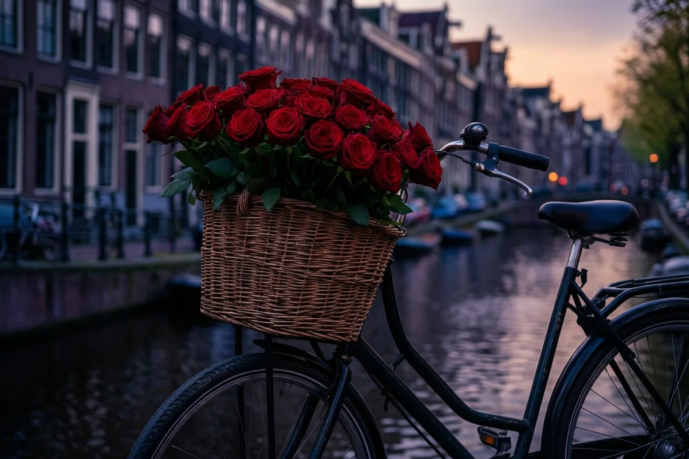 Een fiets met een rieten mand vol rode rozen staat naast een kanaal, met oude bakstenen gebouwen onder een zachte schemerlucht op de achtergrond.