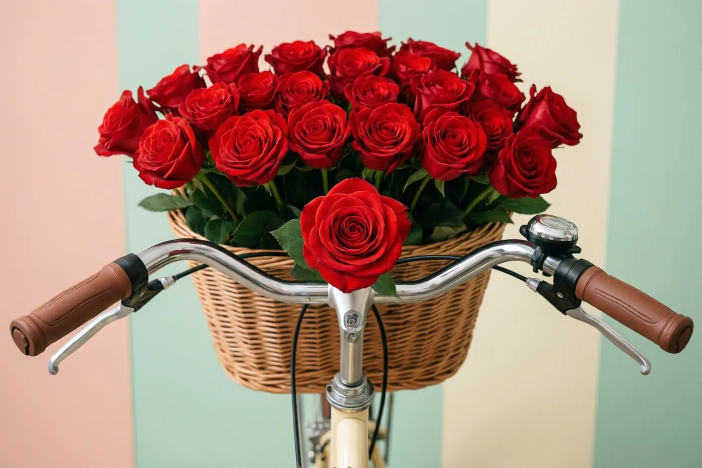 Een fiets met een rieten mand vol rode rozen en een roos aan het stuur staat voor een muur met roze, mintgroene en crèmekleurige strepen.