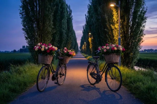Twee oude fietsen met rieten manden vol kleurrijke rozen staan op een verharde polderweg met knotwilgen, verlicht door warme straatlampen bij schemering.