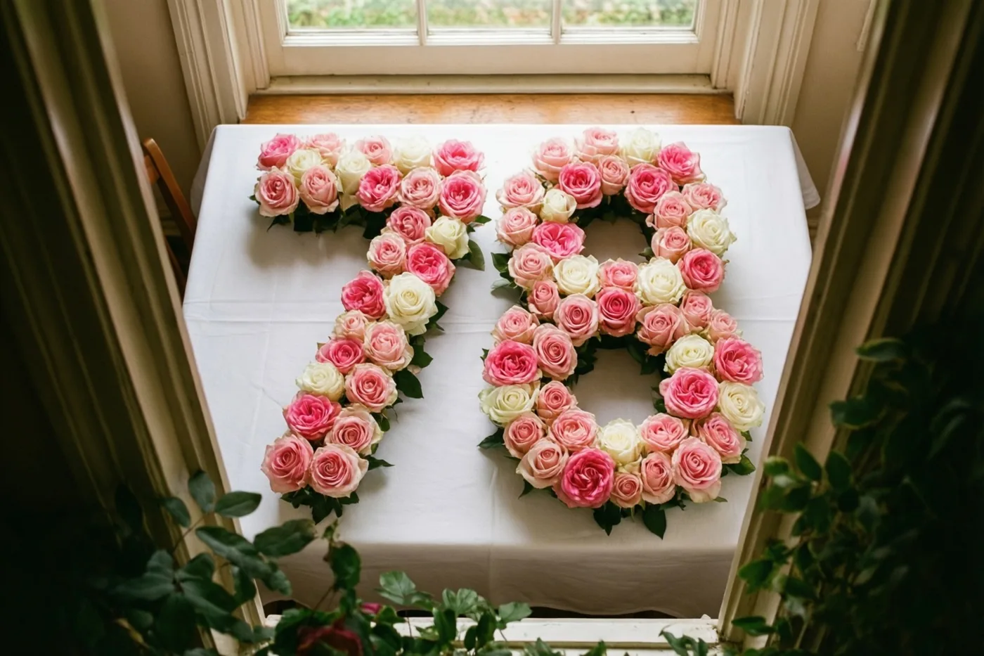 Roze en witte rozen vormen 78 op een wit tafellaken bij een raam, van bovenaf gezien met groen op de voorgrond.