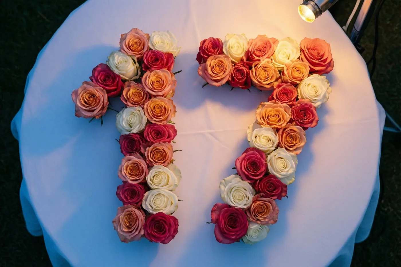 Roze en witte rozen vormen 17 op een wit tafelkleed, van bovenaf gezien onder een spotlamp.
