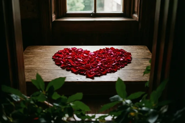 Rode rozenblaadjes vormen een hart op een rustieke houten tafel, gezien door een donker houten kader met groen op de voorgrond en een raam achteraan.