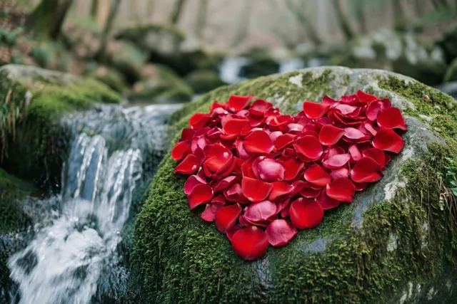 Een hart van rode rozenblaadjes ligt op een met mos bedekte rots naast een kleine waterval in een bos, met onscherpe bomen op de achtergrond.