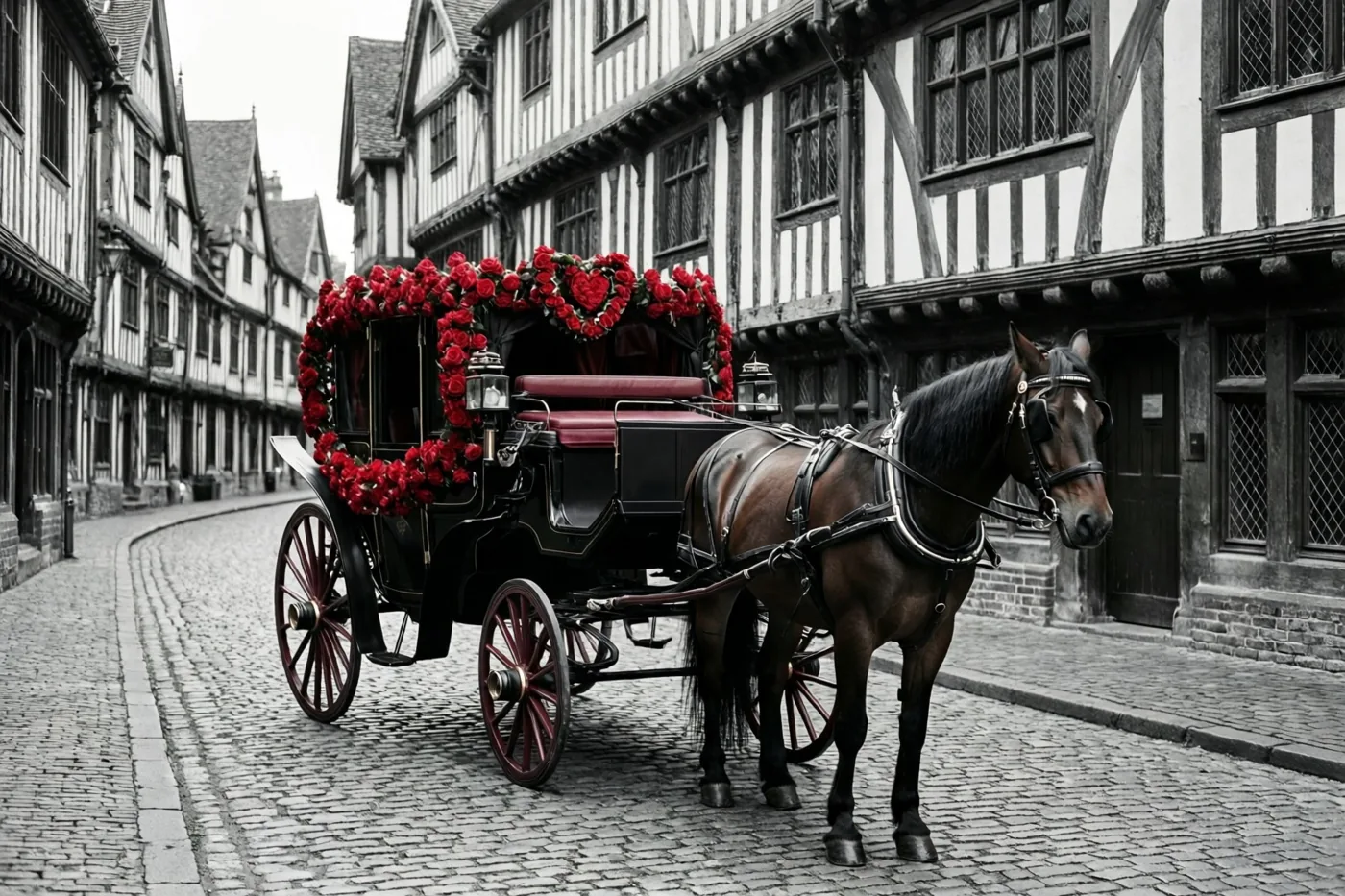 Een paardenkoets versierd met rode rozen en hartvormige slingers staat in een kasseistraat met historische vakwerkhuizen, in zwart-wit met rode bloemversiering als kleuraccent.