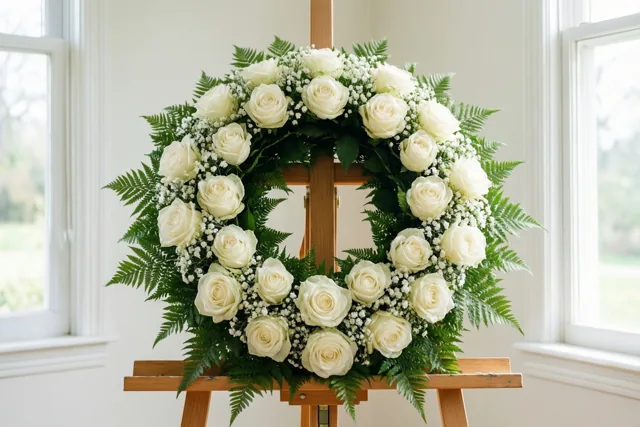 Een ronde krans van witte rozen en groene varens rust op een houten ezel in een lichte kamer met ramen aan weerszijden.