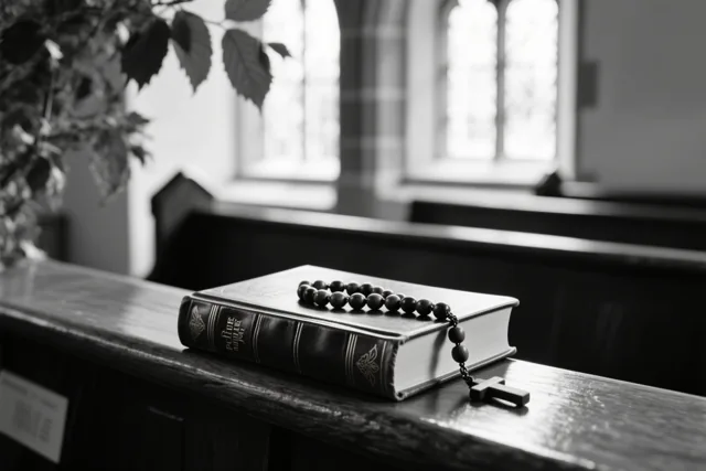 Een houten rozenkrans ligt op een gesloten leren gebedenboek op een kerkbank in een schemerige kerk met ramen op de achtergrond.