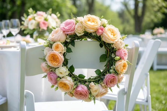 Een ronde krans van pastelroze, perzikkleurige en crèmekleurige rozen hangt over een witte klapstoel in een zonnige tuin, met onscherpe tafels en groen op de achtergrond.