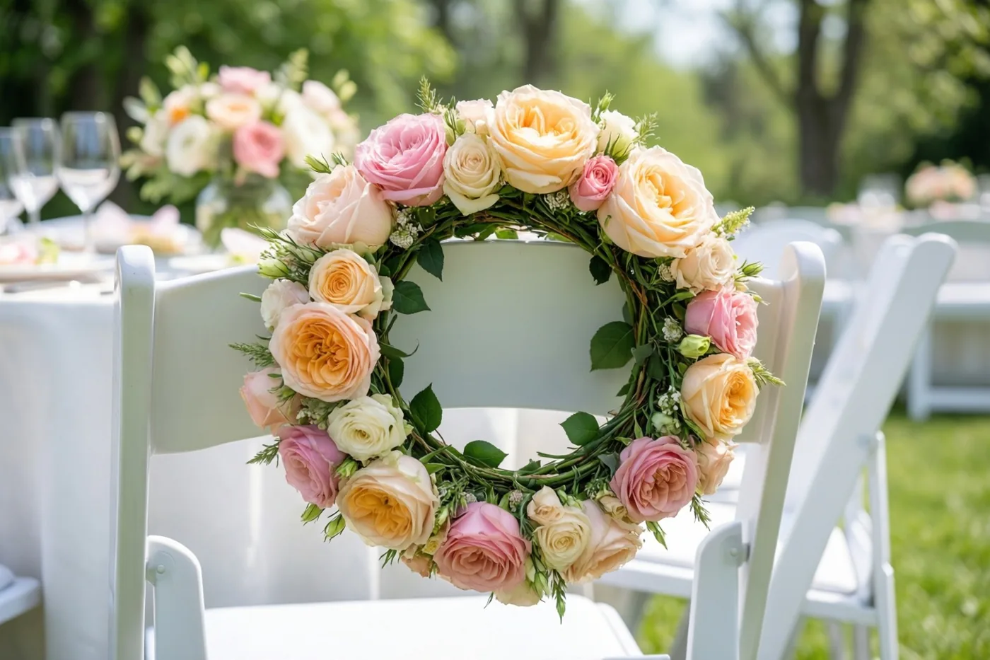 Een ronde krans van pastelroze, perzikkleurige en crèmekleurige rozen hangt over een witte klapstoel in een zonnige tuin, met onscherpe tafels en groen op de achtergrond.