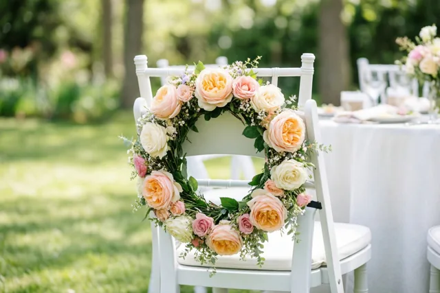 Een krans van pastelrozen en groen hangt over de rugleuning van een witte houten stoel in een zonnige tuin, met een tafel met wit kleed op de achtergrond.