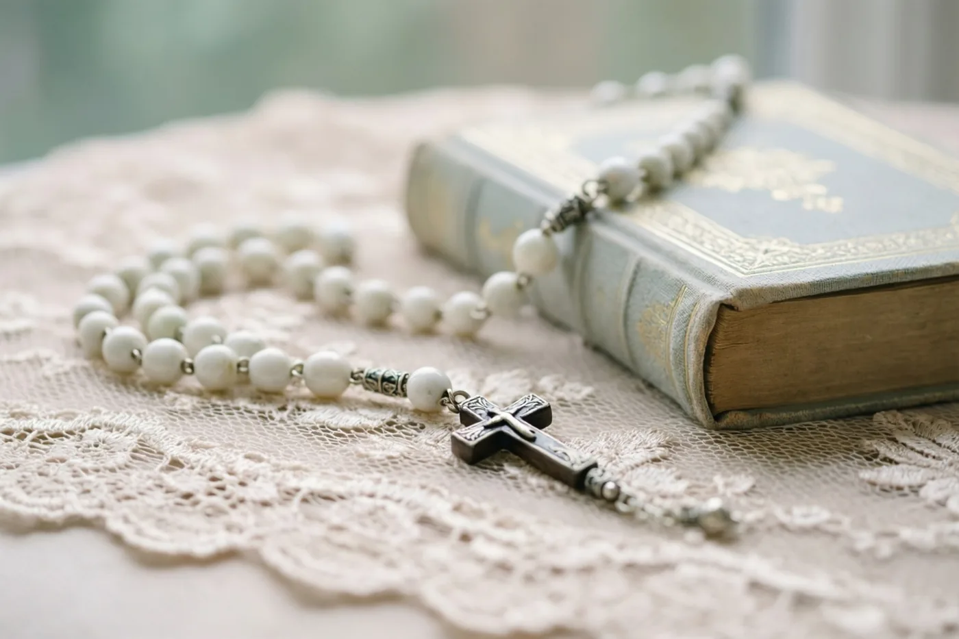 Een witte rozenkrans met een donker kruis ligt op een crèmekleurige kanten doek naast een klein, sierlijk gebedenboek met een lichtblauwe kaft.