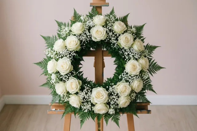 Een ronde krans van witte rozen en groene varens staat op een houten ezel in een kamer met lichtroze muren en een houten vloer.