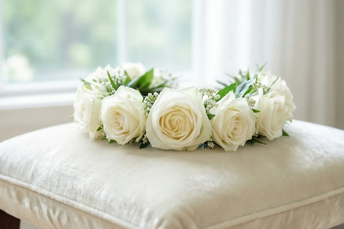 Een fijne bloemenkroon van witte rozen en groen ligt op een ivoorkleurig fluwelen kussen, verlicht door een raam op de achtergrond.