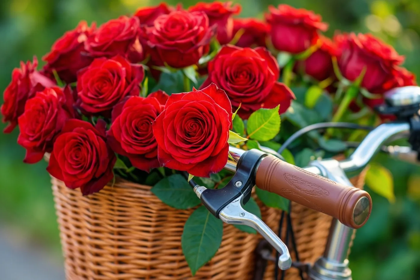 Aan een fietsstuur hangt een mand vol rode rozen, met één roos bij het handvat, tegen een zachte groene buitenachtergrond.