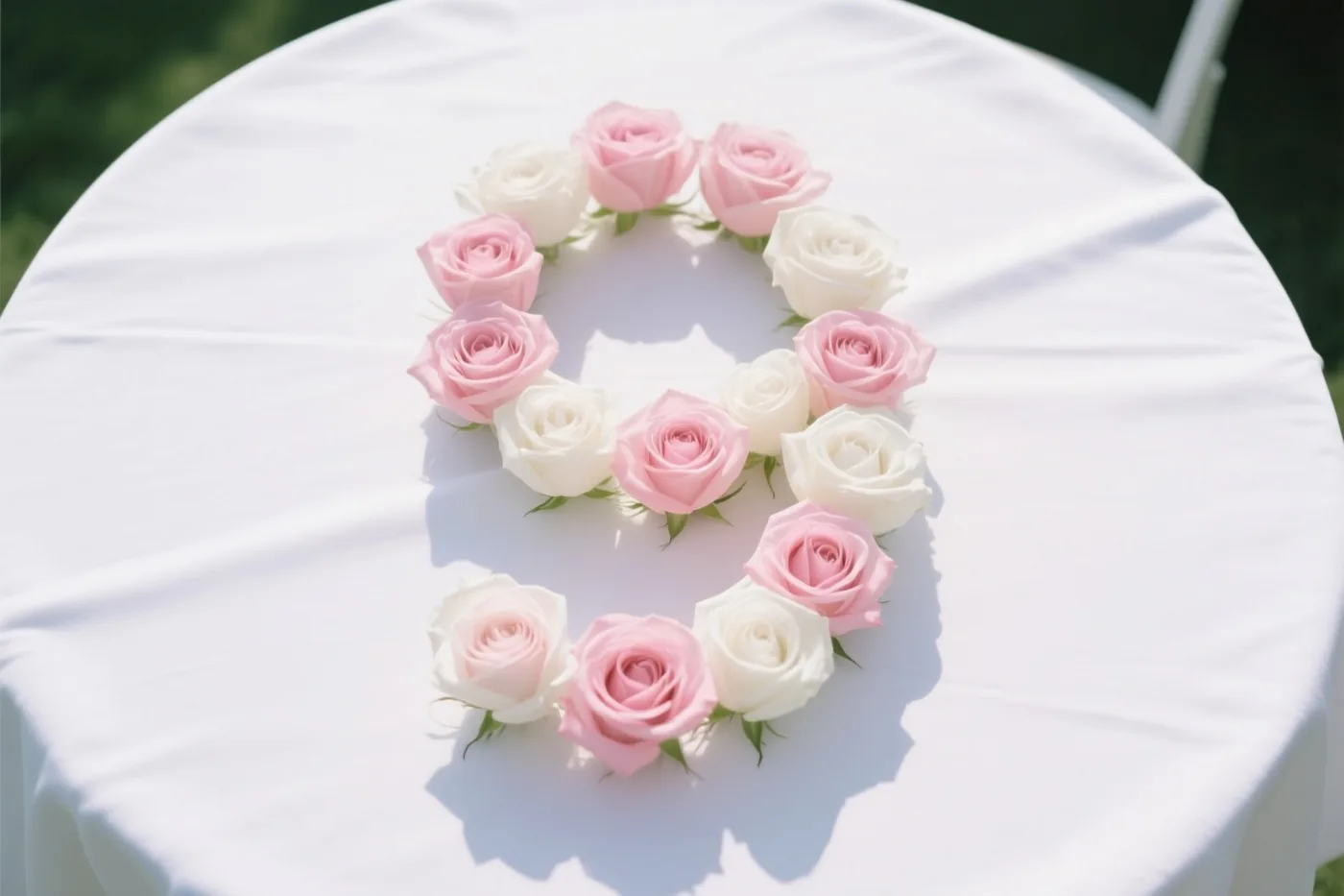 Van bovenaf gezien vormen roze en witte rozen een 9 op een wit tafelkleed buiten in helder zonlicht.