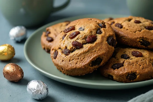Een bord goudbruine rozijnenkoekjes staat op een gedempt groene ondergrond tussen chocolade-eitjes in zilver-, goud- en koperkleurige folie.