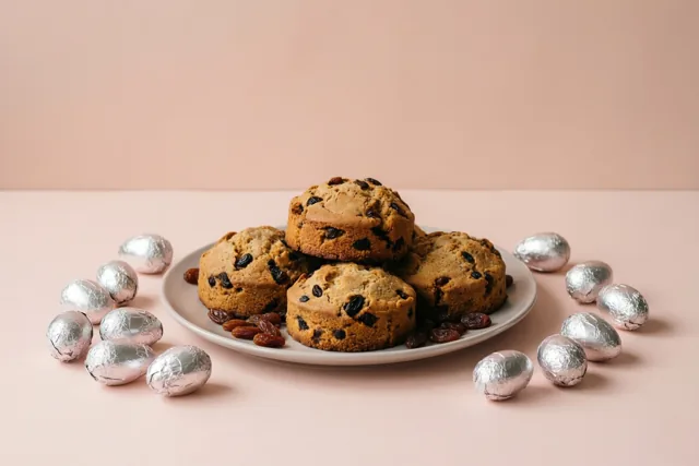 Een bord goudbruine rozijnenmuffins staat op een lichtroze oppervlak tussen chocolade-eitjes in zilverkleurige folie, tegen een effen roze achtergrond.