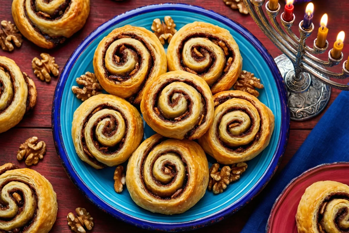 Goudbruine opgerolde rugelach met kaneel en walnoten liggen op een bord met blauwe rand op een donkere houten tafel naast een zilveren kandelaar met brandende kaarsen.